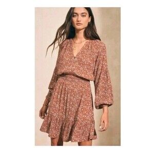 Faherty Montara Ennis Floral Print Blouson Smocked Mini Dress Long Sleeve  Sz XS